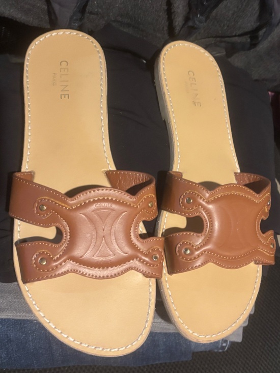 Celine Shoes - Celine Tan and Brown Calfskin Leather Slide Sandals